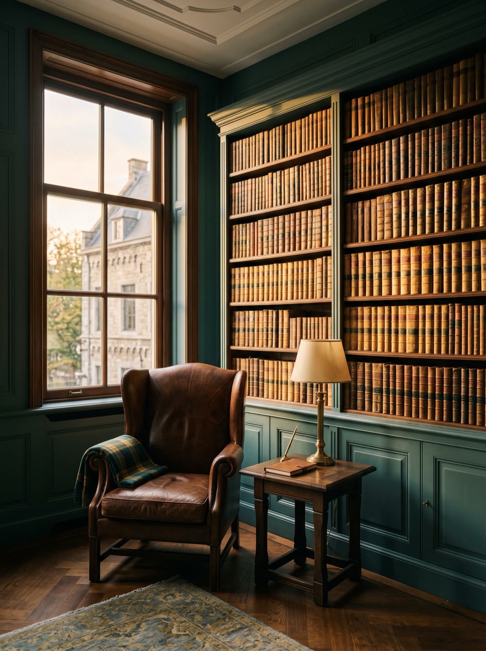 Sfeerbeeld: een waardig, klassiek advocatenkantoor-interieur met houten lambrisering en boekenkasten in warm licht