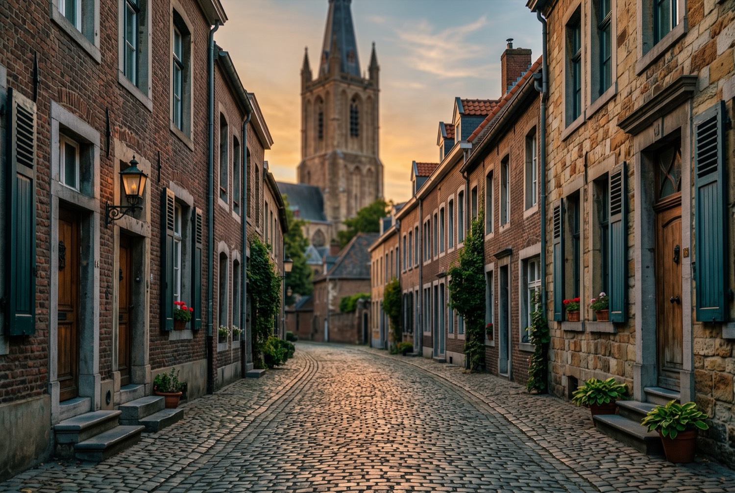 Sfeerbeeld: een historische Limburgse straat met een kerktoren in het gouden avondlicht