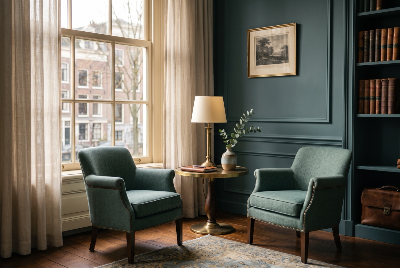 Sfeerbeeld: een rustige, lichte gespreksruimte met twee tegenover elkaar geplaatste stoelen bij een raam